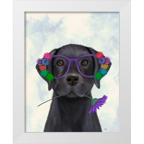 Black Labrador and Flower Glasses White Modern Wood Framed Art Print by Fab Funky