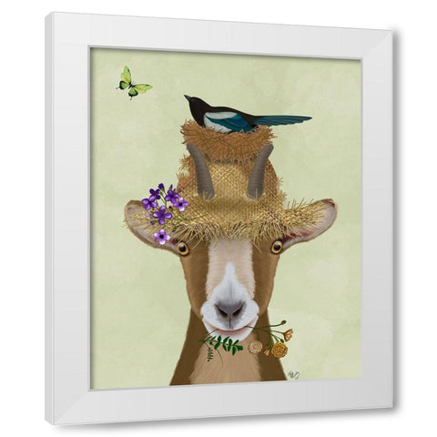 Goat In Straw Hat White Modern Wood Framed Art Print by Fab Funky