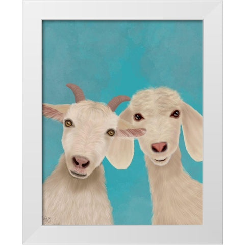 Goat Duo, Looking at You White Modern Wood Framed Art Print by Fab Funky