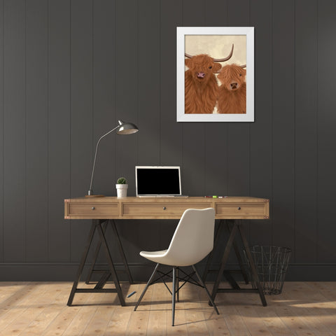 Highland Cow Duo, Looking at You White Modern Wood Framed Art Print by Fab Funky