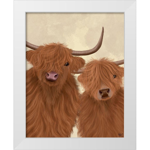 Highland Cow Duo, Looking at You White Modern Wood Framed Art Print by Fab Funky