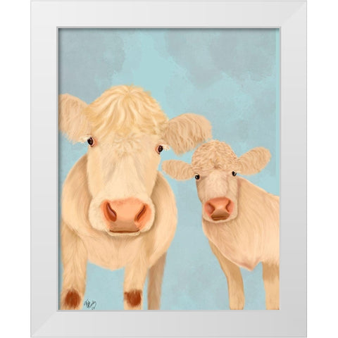 Cow Duo, Cream, Looking at You White Modern Wood Framed Art Print by Fab Funky