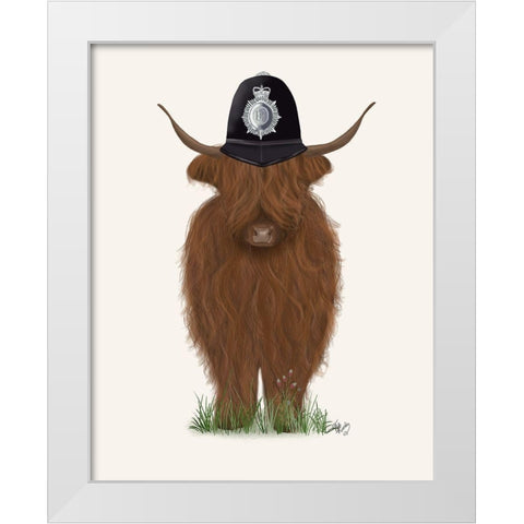 Highland Cow Policeman White Modern Wood Framed Art Print by Fab Funky