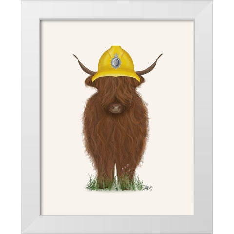 Highland Cow Fireman White Modern Wood Framed Art Print by Fab Funky