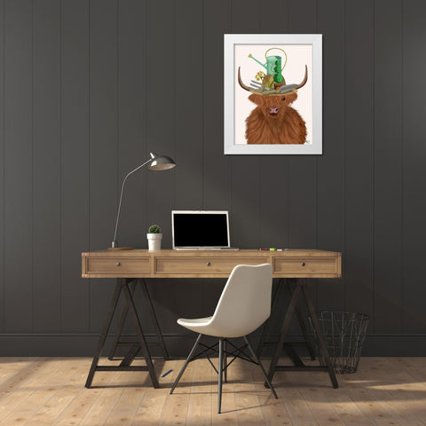 Highland Cow and Gardeners Hat White Modern Wood Framed Art Print by Fab Funky