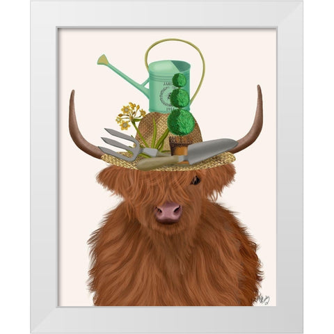 Highland Cow and Gardeners Hat White Modern Wood Framed Art Print by Fab Funky