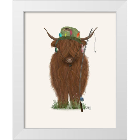 Highland Cow Fisherman White Modern Wood Framed Art Print by Fab Funky