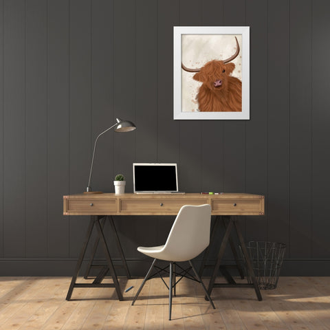 Highland Cow 1, Portrait White Modern Wood Framed Art Print by Fab Funky