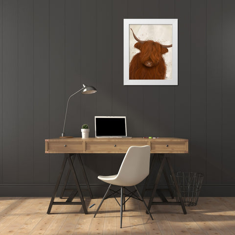 Highland Cow 3, Portrait White Modern Wood Framed Art Print by Fab Funky