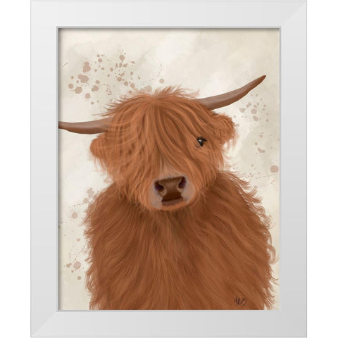 Highland Cow 10, Portrait White Modern Wood Framed Art Print by Fab Funky