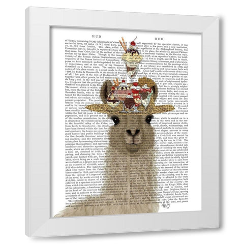 Llama Ice Cream Hat Book Print White Modern Wood Framed Art Print by Fab Funky