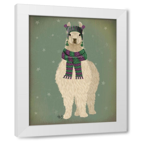 Llama with Purple Scarf, Full White Modern Wood Framed Art Print by Fab Funky