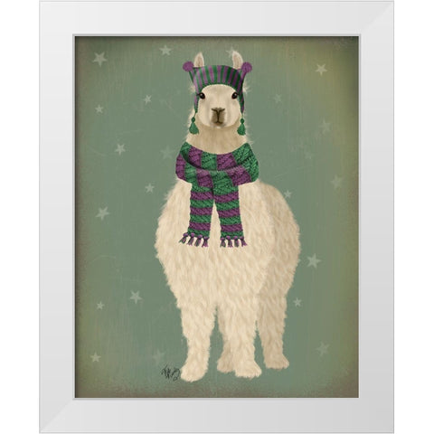Llama with Purple Scarf, Full White Modern Wood Framed Art Print by Fab Funky