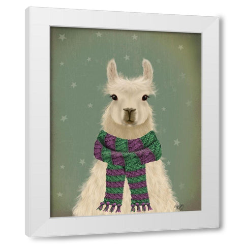 Llama with Purple Scarf, Portrait White Modern Wood Framed Art Print by Fab Funky