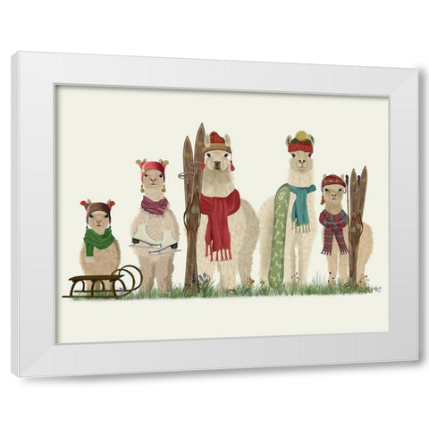 Llama Family Winter Sports White Modern Wood Framed Art Print by Fab Funky