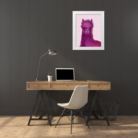 Llama Purple Meadow Flowers White Modern Wood Framed Art Print by Fab Funky