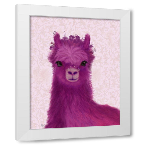 Llama Purple Meadow Flowers White Modern Wood Framed Art Print by Fab Funky