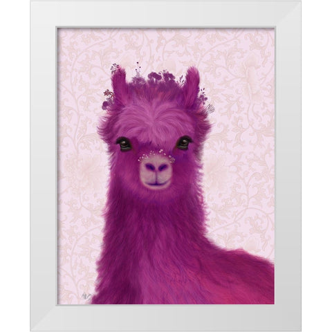 Llama Purple Meadow Flowers White Modern Wood Framed Art Print by Fab Funky