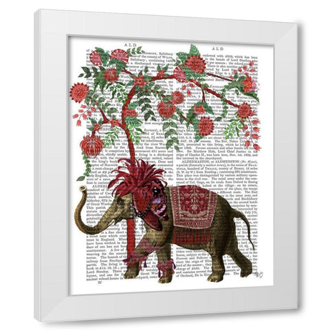 Niraj Elephant, Red Tree White Modern Wood Framed Art Print by Fab Funky