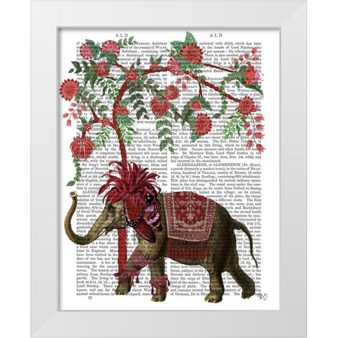 Niraj Elephant, Red Tree White Modern Wood Framed Art Print by Fab Funky