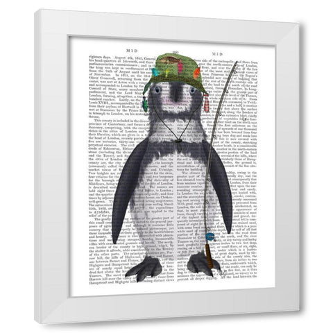 Penguin Fishing Book Print White Modern Wood Framed Art Print by Fab Funky