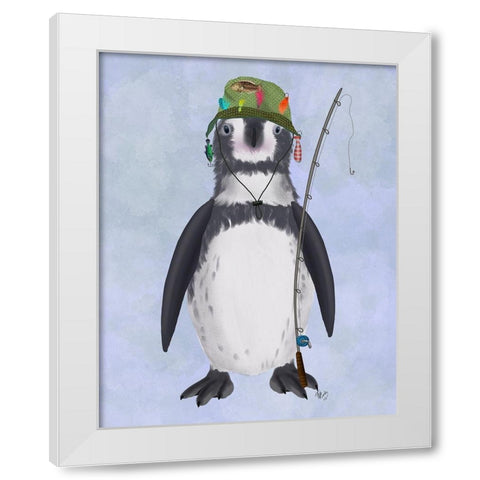 Penguin Fishing White Modern Wood Framed Art Print by Fab Funky