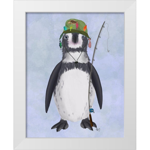 Penguin Fishing White Modern Wood Framed Art Print by Fab Funky