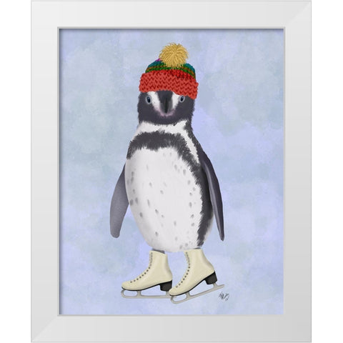 Penguin Ice Skating White Modern Wood Framed Art Print by Fab Funky