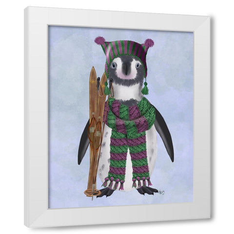 Penguin Skis White Modern Wood Framed Art Print by Fab Funky