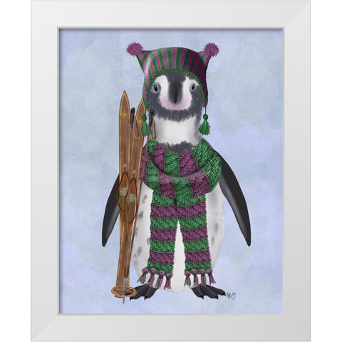 Penguin Skis White Modern Wood Framed Art Print by Fab Funky