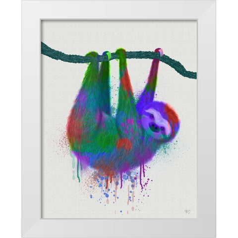 Sloth Rainbow Splash White Modern Wood Framed Art Print by Fab Funky