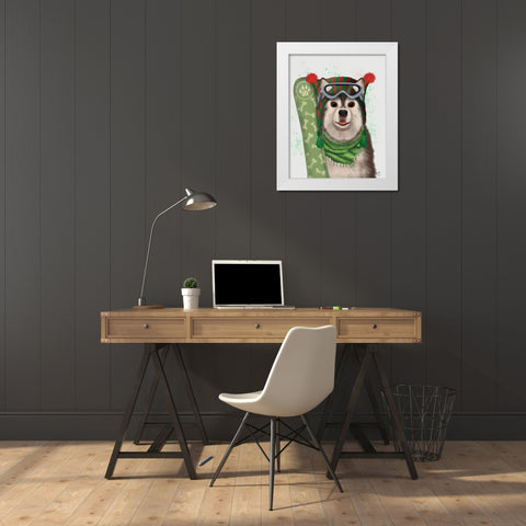 Husky Snowboard White Modern Wood Framed Art Print by Fab Funky