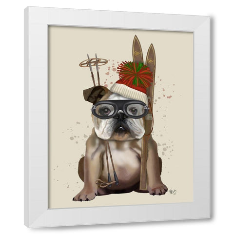 English Bulldog, Skiing White Modern Wood Framed Art Print by Fab Funky