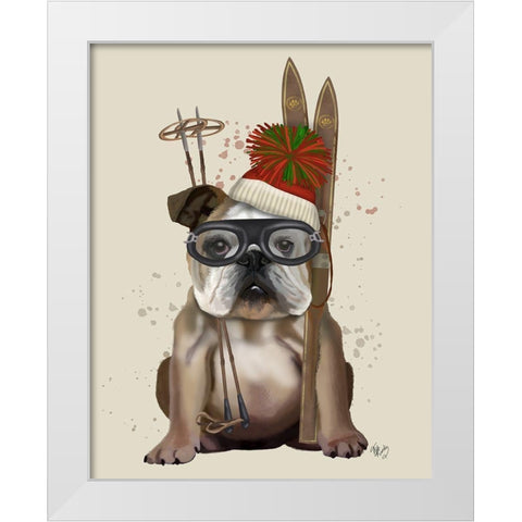 English Bulldog, Skiing White Modern Wood Framed Art Print by Fab Funky