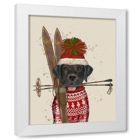Black Labrador, Skiing White Modern Wood Framed Art Print by Fab Funky