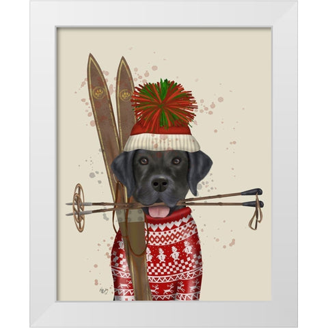Black Labrador, Skiing White Modern Wood Framed Art Print by Fab Funky