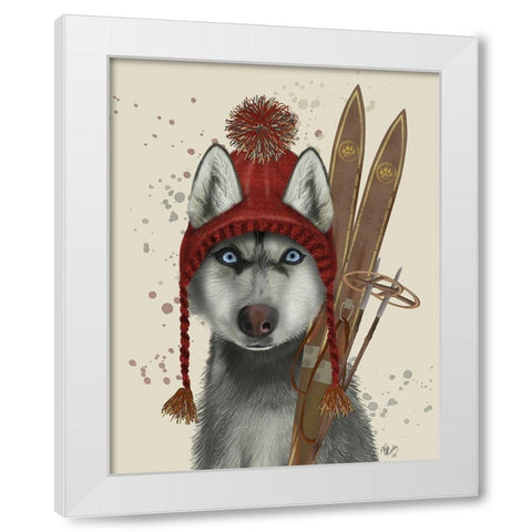 Husky, Skiing White Modern Wood Framed Art Print by Fab Funky