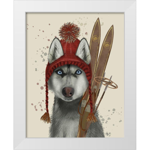 Husky, Skiing White Modern Wood Framed Art Print by Fab Funky