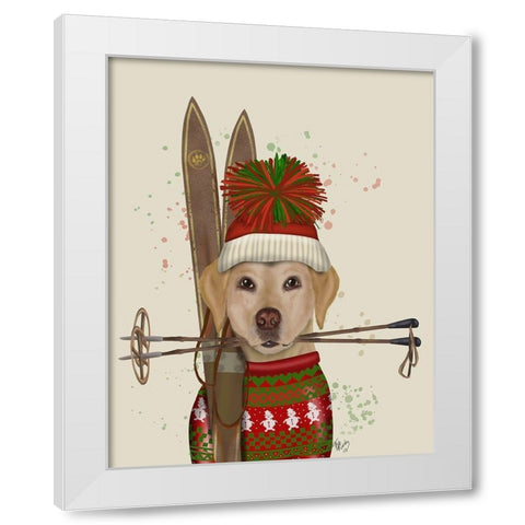 Yellow Labrador, Skiing White Modern Wood Framed Art Print by Fab Funky