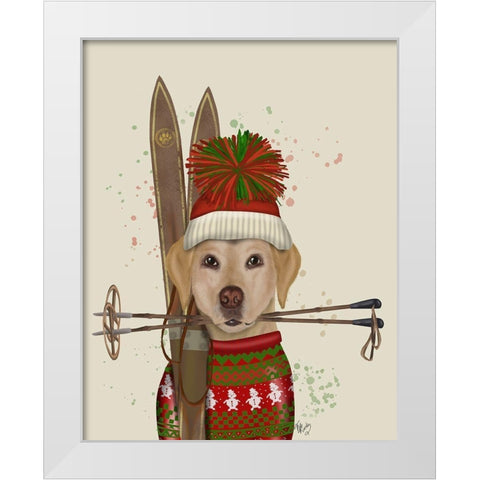 Yellow Labrador, Skiing White Modern Wood Framed Art Print by Fab Funky
