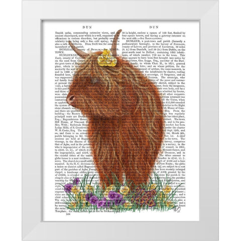 Highland Cow, Pansy Book Print White Modern Wood Framed Art Print by Fab Funky