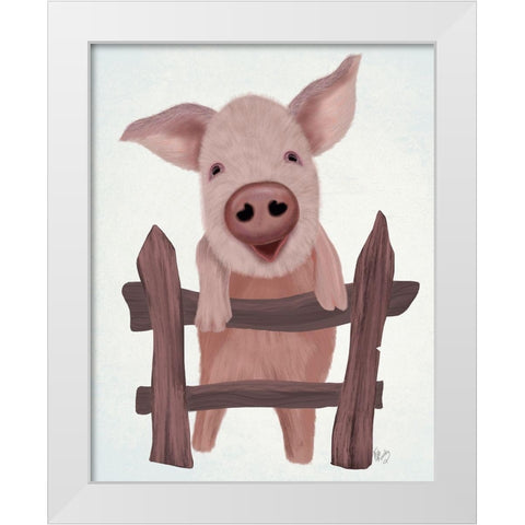 Pig On Fence White Modern Wood Framed Art Print by Fab Funky