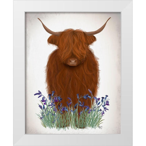 Highland Cow, Bluebell White Modern Wood Framed Art Print by Fab Funky