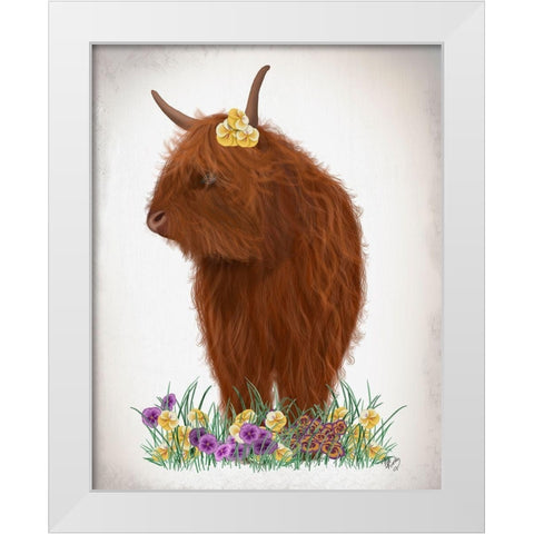 Highland Cow, Pansy White Modern Wood Framed Art Print by Fab Funky