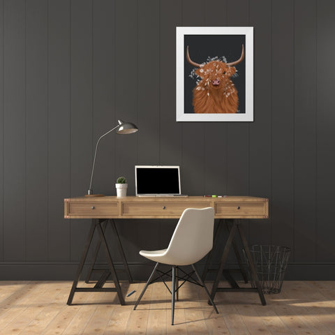 Highland Cow 1, White Flowers White Modern Wood Framed Art Print by Fab Funky