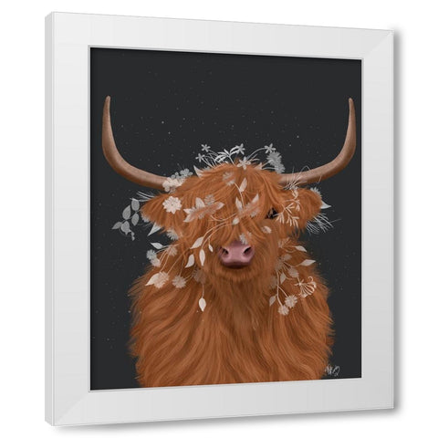 Highland Cow 1, White Flowers White Modern Wood Framed Art Print by Fab Funky
