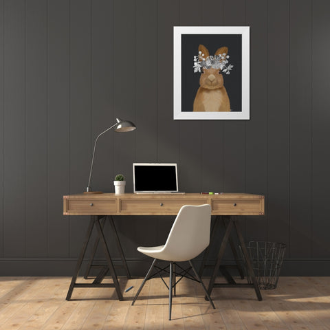 Rabbit, White Flowers White Modern Wood Framed Art Print by Fab Funky