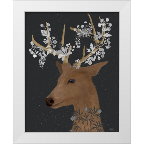 Deer, White Flowers White Modern Wood Framed Art Print by Fab Funky