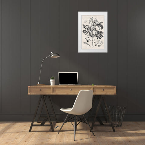 Custom Black And Oatmeal Linen Botanical IV White Modern Wood Framed Art Print by Vision Studio