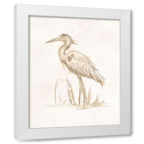 Sepia Heron I White Modern Wood Framed Art Print by Vess, June Erica